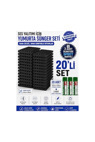 Akustik Yumurta Sünger 40mm 60 Dns Yanmaz 50x50cm 20 Adet + 3 Sprey Yapıştırıcı Bant Marketim