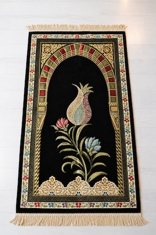 Astarlı Seccade Seti Lale Desenli Kristal Tesbih Ve Bambu Örtülü Özel Kutusu Siyah