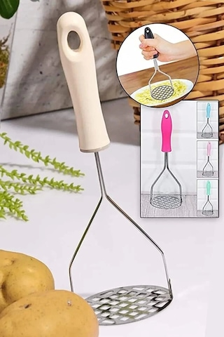 Plastik Saplı Delikli Metal Paslanmaz Patates Muz Yumurta Ezici Püre Yapıcı Çok Renkli