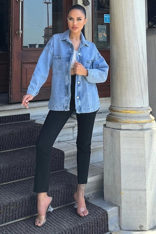 Mavi Oversize Kot Cepli Düğmeli Ceket Gömlek Açık Mavi