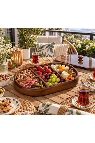 6 Bölmeli Kapaklı Şık Oval Akasya Çerezlik Ahşap