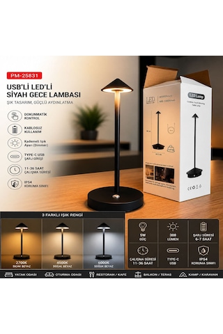 Powermaster Siyah Dokunmatik Ve Şarj Edilebilir Led Gece Lambası Çalışma Masası