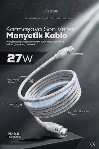 Simex 27W Type-C to Lightning Mıknatıslı Manyetik Şarj ve Data Kablosu SPK-13