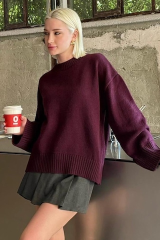 Mürdüm Bisiklet Yaka Oversize Triko Kazak Mg1972 Mürdüm