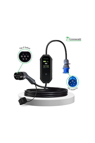 Coswatt Elektrikli Araç Taşınabilir Şarj Cihazı 7kW-32A-Tip2 Soket-Türkçe Menü-5M-3x32A Fiş-220V AC