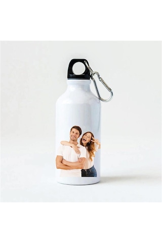 Kişiye Özel Fotoğraflı Kancalı Alüminyum Beyaz Su Matarası - 600mlt