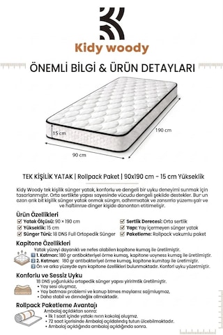 Kidy Woody Tek Kişilik Ortopedik Sünger Yatak 90x190 Cm 15 Cm Yükseklik Rollpack Paket 90 X 190
