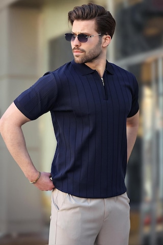Madmext Madmext Lacivert Polo Yaka Fermuarlı Erkek T-shirt E7298 Lacivert