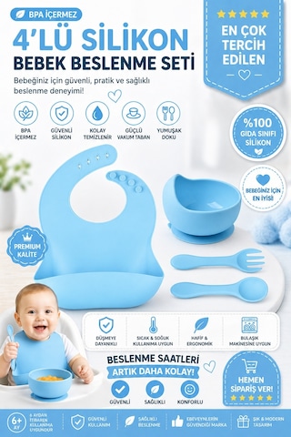 Jojobebek Çocuk Silikon Mama Önlüğü, Silikon Vakumlu Kase, Silikon Kaşık Ve Çatal / Mavi