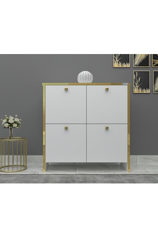 %100 Mdf 2 Kapaklı Küp Altın Sarısı Desenli Gövdeli Ayakkabılık Beyaz