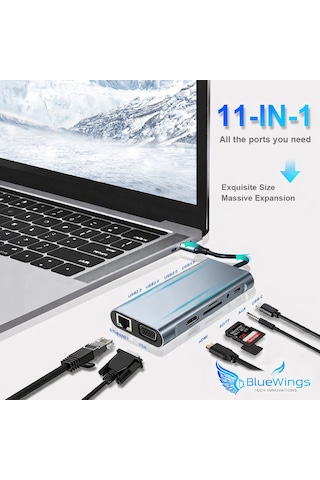 Apple Uyumlu Macbook Pro Air Type C Hub Pd Şarj Hdmı Sd Network Vga Girişli 11 İn 1 Çevirici Dönüştürücü Çoklayıcı Lan+type-c+sd Card+usbx4+audio+hdmı+vga