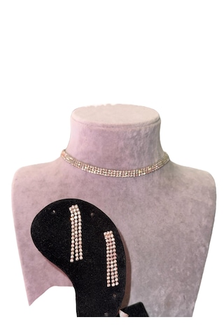 Kırmızı Sanat Evi Full Taşlı Üç Sıra Parlak Choker Kolye ve Küpe Seti Gümüş