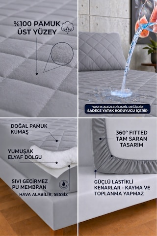 Formeya %100 Pamuk Renkli Kapitone Sıvı Geçirmez Alez Çarşaf - Gri