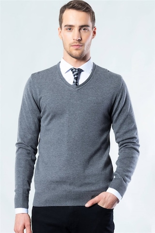 Tudors Slim Fit Dar Kesim V Yaka Pamuklu Erkek Kazak-18041 Gri