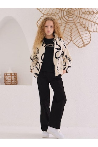 Kız Çocuk Desenli Kot Ceket İçi Tshirt Takım-15505 Krem