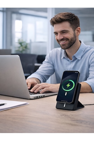 10000mah 20w Wireless Magsafe Kablosuz Powerbank Lüx Deri Standlı Taşınabilir Hızlı Şarj siyah