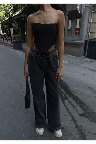 Kadın Arkadan Yırtmaçlı Jeans Kot Palazzo Pantolon - Siyah Siyah