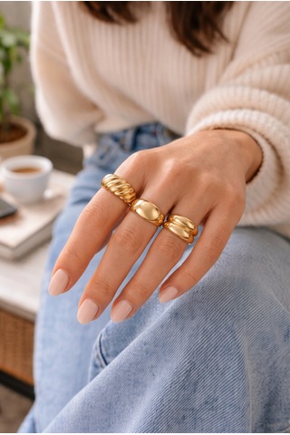 Kadın Gold Renk 3'lü Kombin Yüzük Seti Kruvasan Ve Bombeli Model Kutuyla Gönderilir