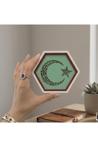 Kelime-i Tevhid Yazılı Ay Yıldız Tasarımlı Minik Dekoratif Obje, Manevi Değeri Yüksek Hediye 10x10cm