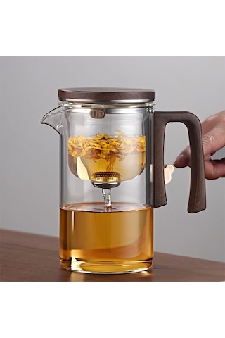 Morponi Borosilikat Cam Ahşap Kapak Ve Sap Detaylı Mıknatıs Özellikli Lüks Bitki Çayı Demliği 520 Ml Şeffaf