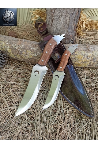 Kurtbey Outdoor Süper İkili Avcı Babalı Oğul Kurt Model Büyük Boy 30cm+22cm Ceviz Kabze Kamp Bıçağı Kahverengi