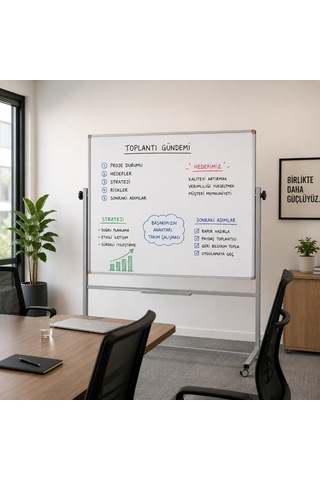 Emaye Yüzey 360 Dönerli Mobil Yazı Tahtası 90x120cm Beyaz