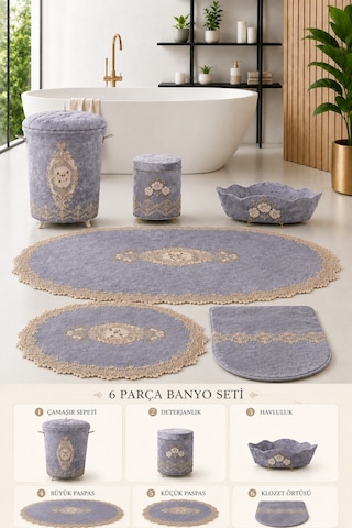 Lisa Gri 6 Parça Dantelli Banyo Kirli Çamaşır Sepeti Seti Banyo Paspası Seti