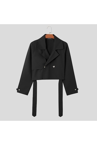 Incerun Erkek Düz Renk Kırpılmış Rahat Yaka Rüzgarlık Mont Ceketler Siyah