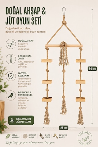 Papağan Oyun Parkuru 80 Cm Doğal Ahşap Kuş Oyuncağı 8 Mm Jüt İp
