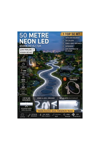 50 Metre Neon Led Şerit Led,beyaz Işık Esnek Led Çok Parlak,led, Kesilebilir,dekoratif Dış Aydınlatma Bahçe Aydınlatma,tavan Aydınlatma,gözalıcıaydınlatma Beyaz -6500k