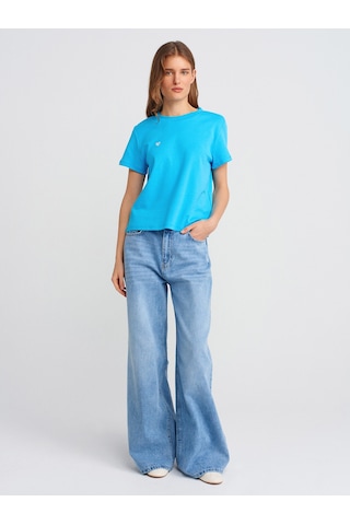 Dilvin 30584 Bisiklet Yaka Pamuklu T-shirt-turkuaz Turkuaz
