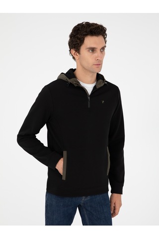 Siyah Regular Fit Pamuk Karışımlı Yarım Fermuarlı Kapüşonlu Sweatshirt