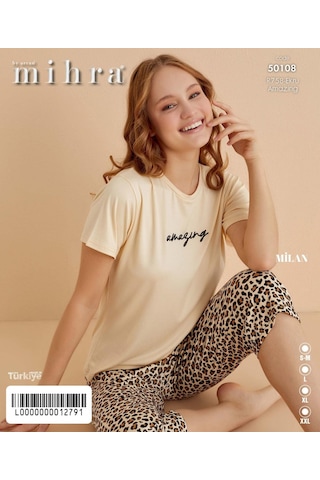 Mihra Kadın Bisiklet Yaka Milan Likralı Kapri Kısa Kol Pijama Takımı 50108e - 1 Adet Ekru
