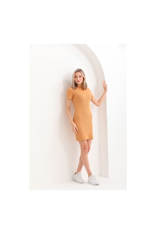 Kallima Hardal Vücuda Oturan Kısa Kollu Mini Fitilli Esnek Elbise Hardal