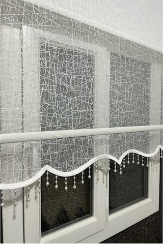 İncilifehome İcl1084 Çift Mekanizmalı Geometrik Desenli Tül Ve Stor Perde Kırık Beyaz Boncuklu Kırık Beyaz