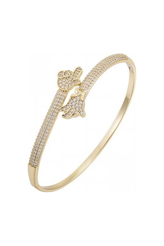 Zirkon Taşlı Kıvrımlı Motif Detaylı 14 Ayar Altın Rengi Kaplama İnce Kelepçe Kadın Bilezik Gold