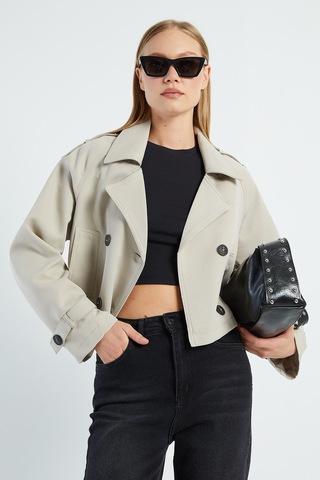 Fullamoda Kruvaze Yaka Çift Cepli Crop Trençkot Taş