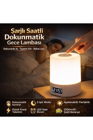 Coofbe Parlaklık Ayarlı Şarjlı Saatli Masa Lambası Gece Lambası Led Göz Korumalı Masaüstü Saat Gece Lambası Beyaz