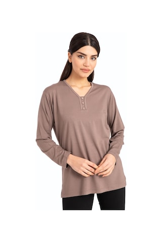 Kadın Orta Yaş ve Üzeri Dört Mevsim V Yaka Rahat Kalıp Likralı Viskoz Anne Penye Bluz 140-Vizon