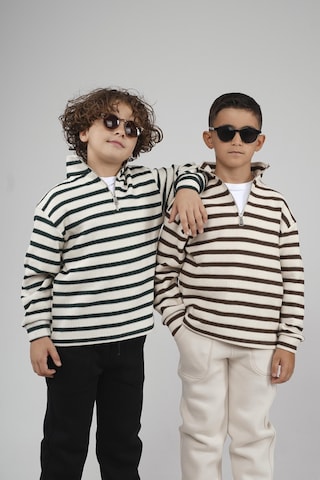 King-Brich Kingbrich Kids Oversize Kalıp Çizgili Yakası Fermuarlı Sweatshirt Kahve