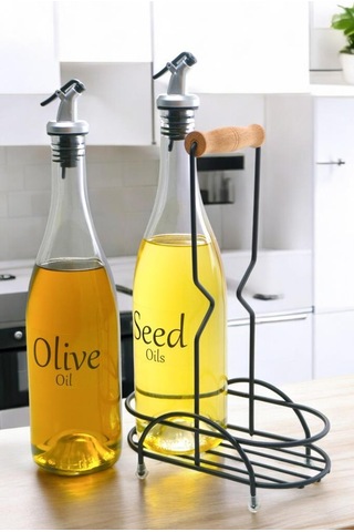 Digithome Pure 2'li Siyah Metal Standlı Ahşap Saplı Yağdanlık Seti Şeffaf Etiketli Cam Yağlık 750 Ml Cys-15 Siyah