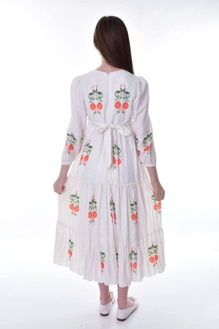 Kız Çocuk Pamuklu Keten Uzun Boydan Astarlı Elbise Koyu Turuncu-krem