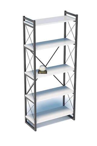 Reyo Falez Dekoratif 5 Raflı Kitaplık Geniş Metal Kitaplık Dosya Rafı Ofis Salon Raf 180x66 Beyaz
