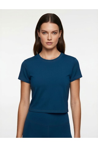 Koton Slim Fit Kısa Kollu Bisiklet Yaka Crop Spor Tişört Petrol Yeşili 6wak10179nk Petrol