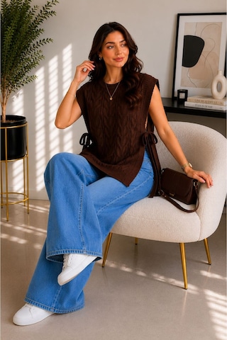 Hira Life Fashion Kadın Bisiklet Yaka Yanları Açık Bağcıklı Oversize Triko Süveter Kahverengi Kahverengi
