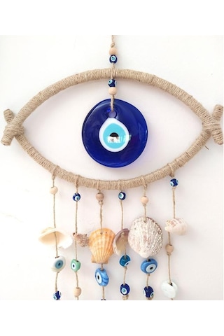 Hdmarketim Nazar Boncuklu Hasır Deniz Kabuklu Duvar Süsü Rüzgar Çanı 11319 Mavi