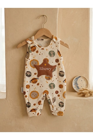 Nafitto Baby&Junior Nafitto Gezegen Desenli Waffle Kumaş Askılı Tulum, Ribana Zıbın Ve Çorap 3-9 Ay Kahverengi