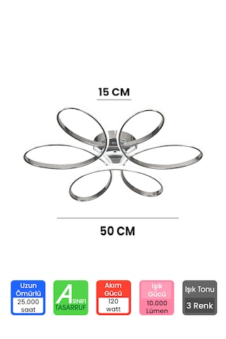 Ransom 3 Renk Kumandalı Plafonyer Led Avize Krom Büyük Salon Papatya Led