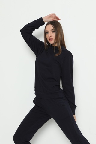 Kadın Bisiklet Yaka Pamuklu Uzun Kollu Pijama Takımı Lacivert Renkli 28243 Lacivert