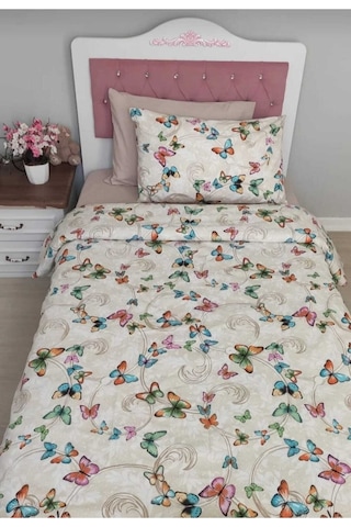 Lionas Tek Kişilik Nevresim Takımı Lastikli Çarşaf 2 Yastık 4 Parça Bej Kelebek